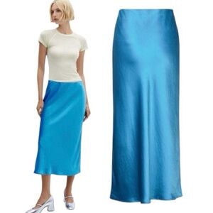 MANGO Satin Finish Straight Midi Skirt Turquoise Blue size medium
